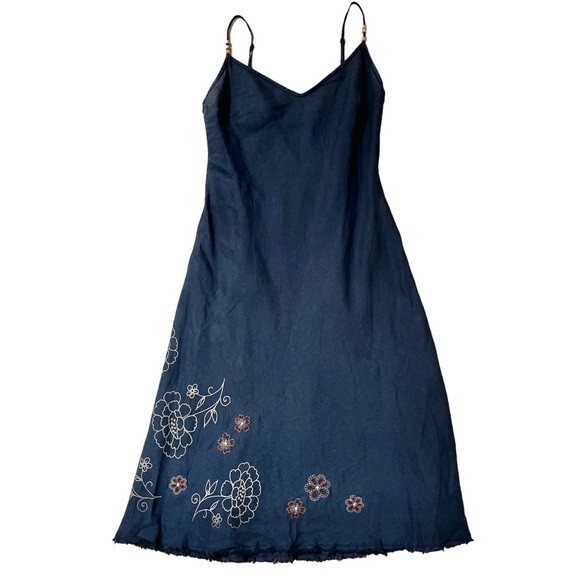 Sisley  Embroidered Midi Linen Dress in Brown 2  NWOT - Picture 2 of 15